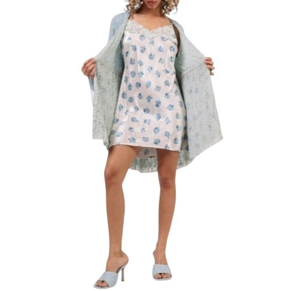 Revolve We are HAH XS Double Set Blue Lace Robe & Floral Slip Reversible NWT 428 - Picture 2 of 12